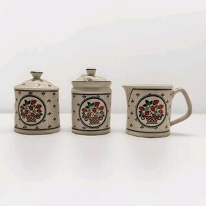 Vintage Papel Red Strawberry Coffee Creamer, Sugar And Jam Set MCM Cottage 80s